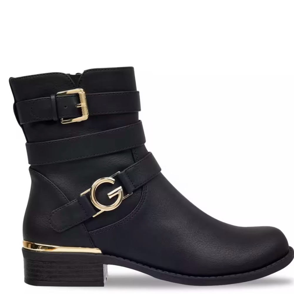 GBG Los Angeles Black Ankle Boots with Gold Buckle Accents